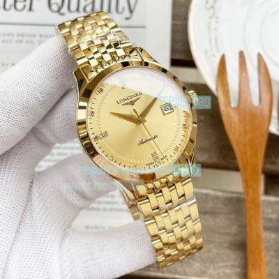 Hot Sale Replica Longines Watch Yellow Gold Dial Yellow Gold Bezel Yellow Gold Strap Watch 40mm